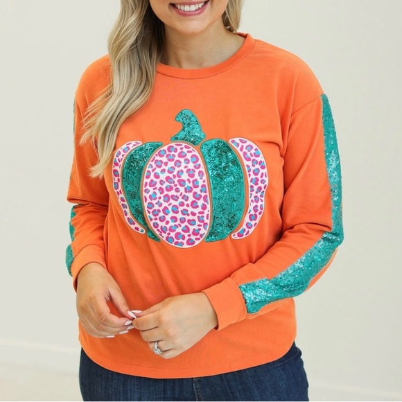 🎉🎃 NEW Gracie Halloween Pumpkin Sequin Top Plus Curvy Size 2X - Picture 1 of 4